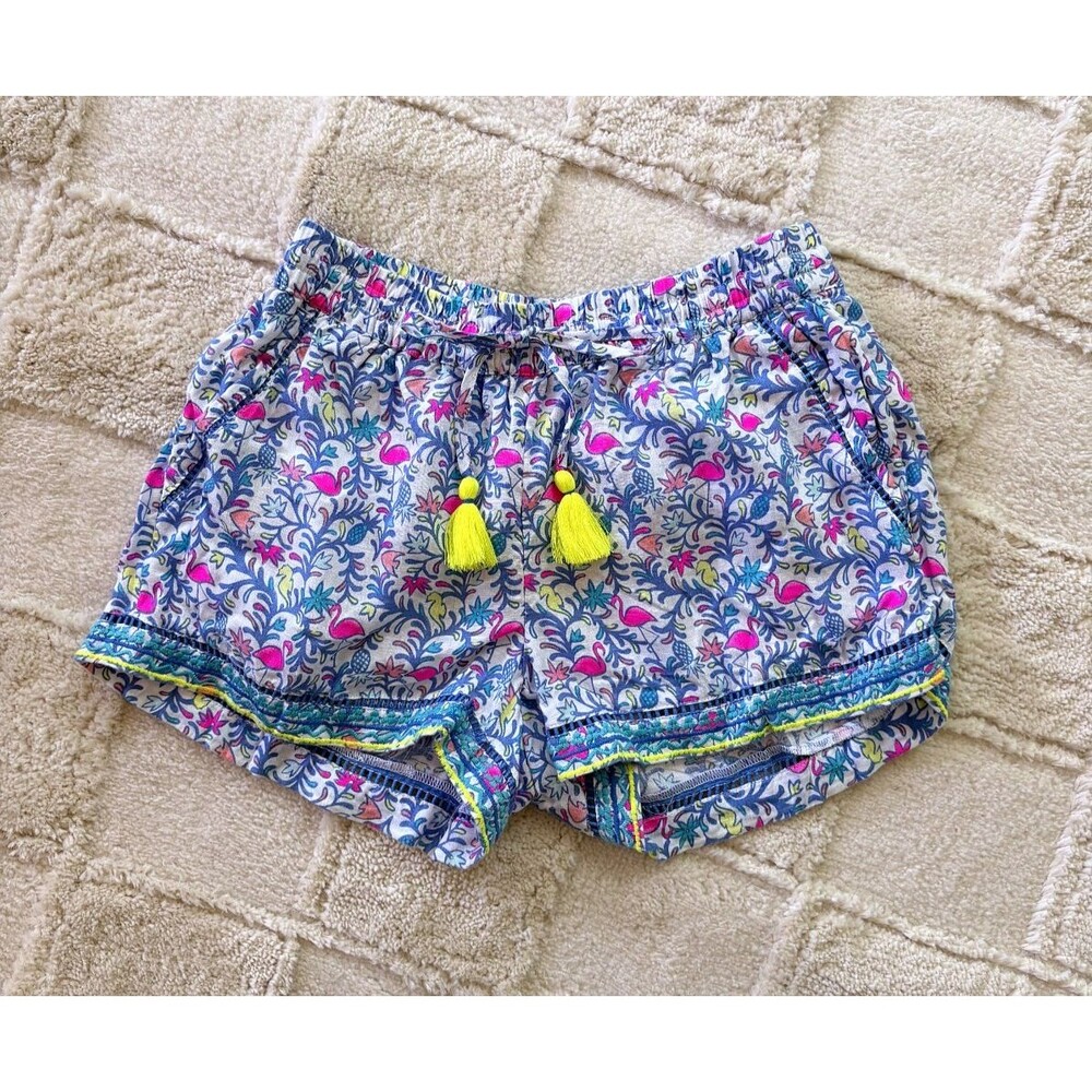 Vineyard Vines Flamingo Print Linen Pull-On Shorts Womens XS Tassel Embroidered
